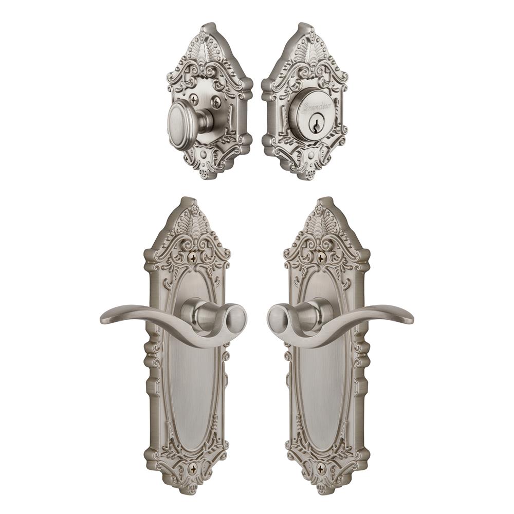 Grandeur by Nostalgic Warehouse Single Cylinder Combo Pack Keyed Differently - Grande Victorian Plate with Bellagio Lever and Matching Deadbolt in Satin Nickel
